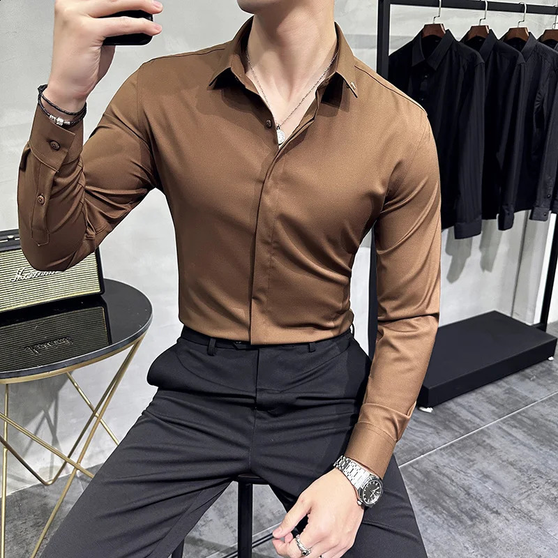 High Quality Solid Dress Shirt Men Simple Long Sleeve Slim Fit Business Shirts Homme Social Casual Shirt Plus Size 4XL-M 240816