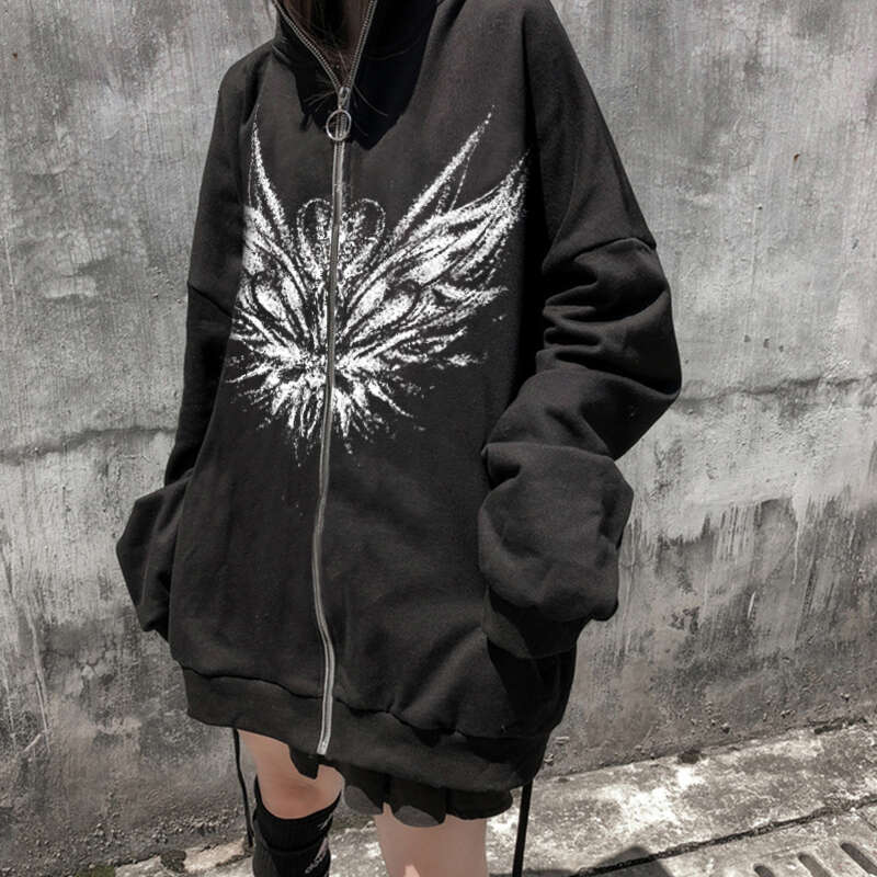 Loose 90s Long Sleeved Women Zipper Sweatshirt Y2K Hip Hop Style Punk Gothic Zip Hoodie Female Plus Size Jacket Coast
