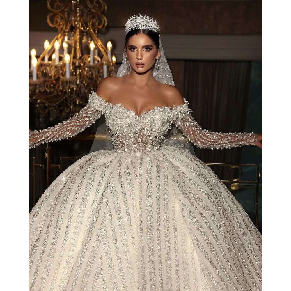 Dress Ball Wedding Beads Sequins Appliques Lace Princess Bridal Gown Off Shoulder Long Sleeves Vestido Custom Made