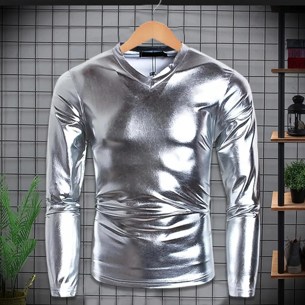 Men T-shirt Glossy Appearance Solid Color Long Sleeve Top V Neck Slim Fit T-shirt Nightclub Party Performance Costumes for Home 240814