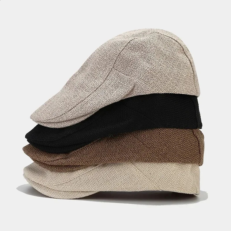 Summer mens beret linen pea hat adjustable s boy breathable retro solid black ivy duckbill Boinas Para Mujer 240812