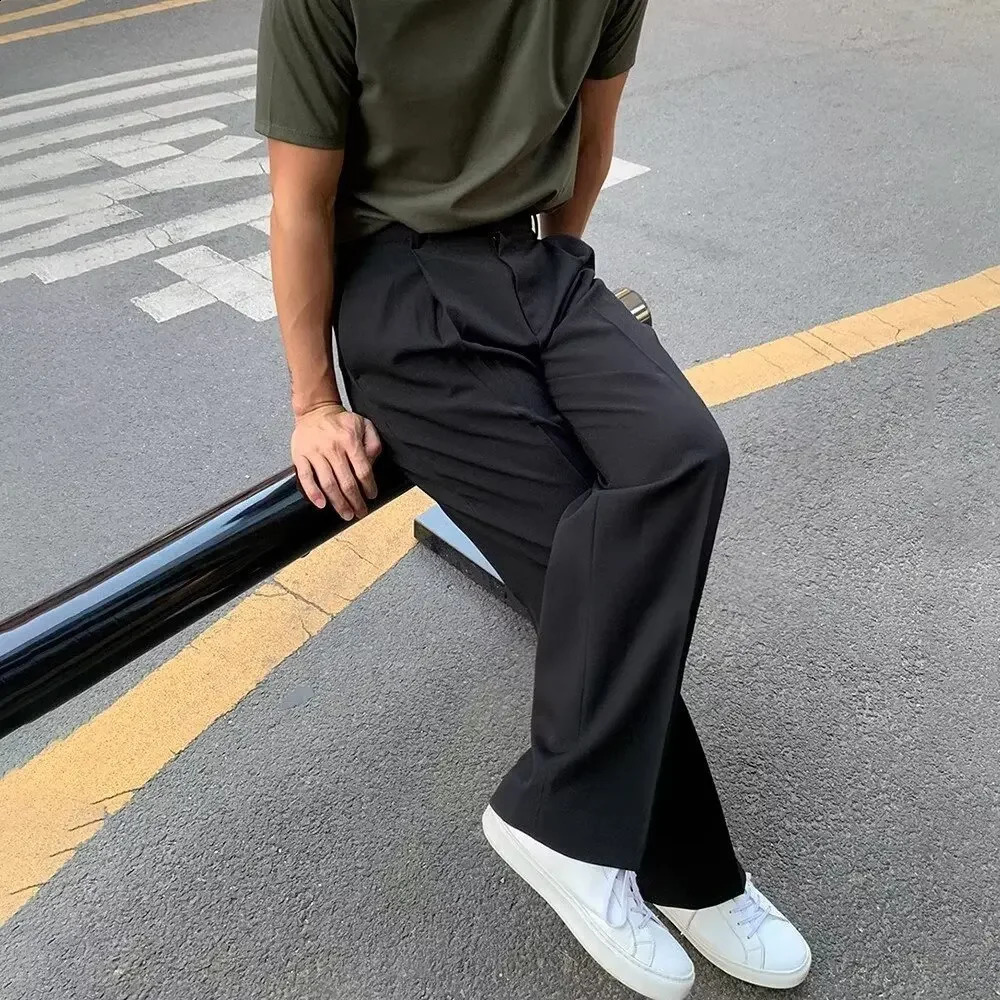 Drapedtrousers Mens Straightleg Casual Pants Loose Fit Small Suit Trousers Unique Sshape Spring Autumn Trendy 240813
