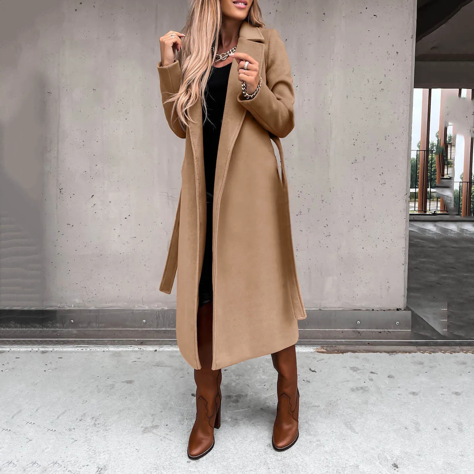 Elegant shoulder strap pocket coat womens autumn and winter solid collar long sleeved wool coat simple casual windproof 240828
