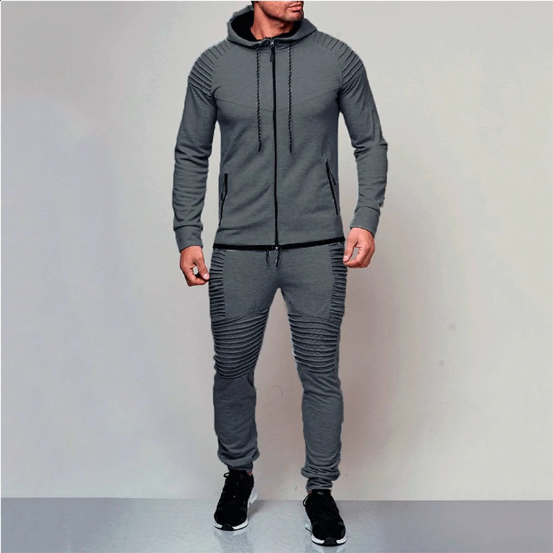 Autumn Winter Loose Casual Solid Color Hoodies Elastic Waist Pants Tset Men Hooded Zipper Drawstring Top Comfortable Trousers 240813