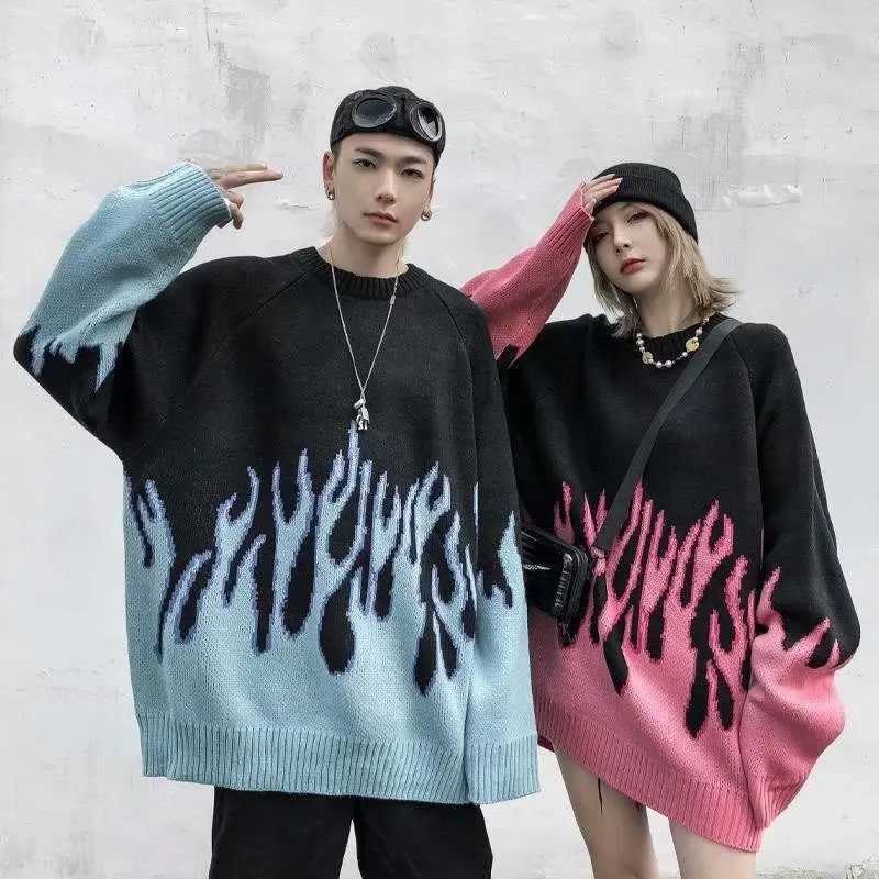 Hip Hop Mens Street Clothing Harajuku Knitted Sweater Blue Flame 2022 Autumn Sweater Pulling Loose Hip Hop Retro VintageW240729