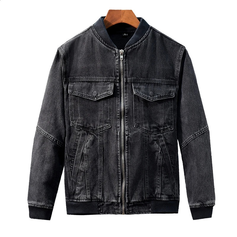 casual fully matched ribbed stand up collar denim jacket mens zipper slim fit street fashion retro 240808