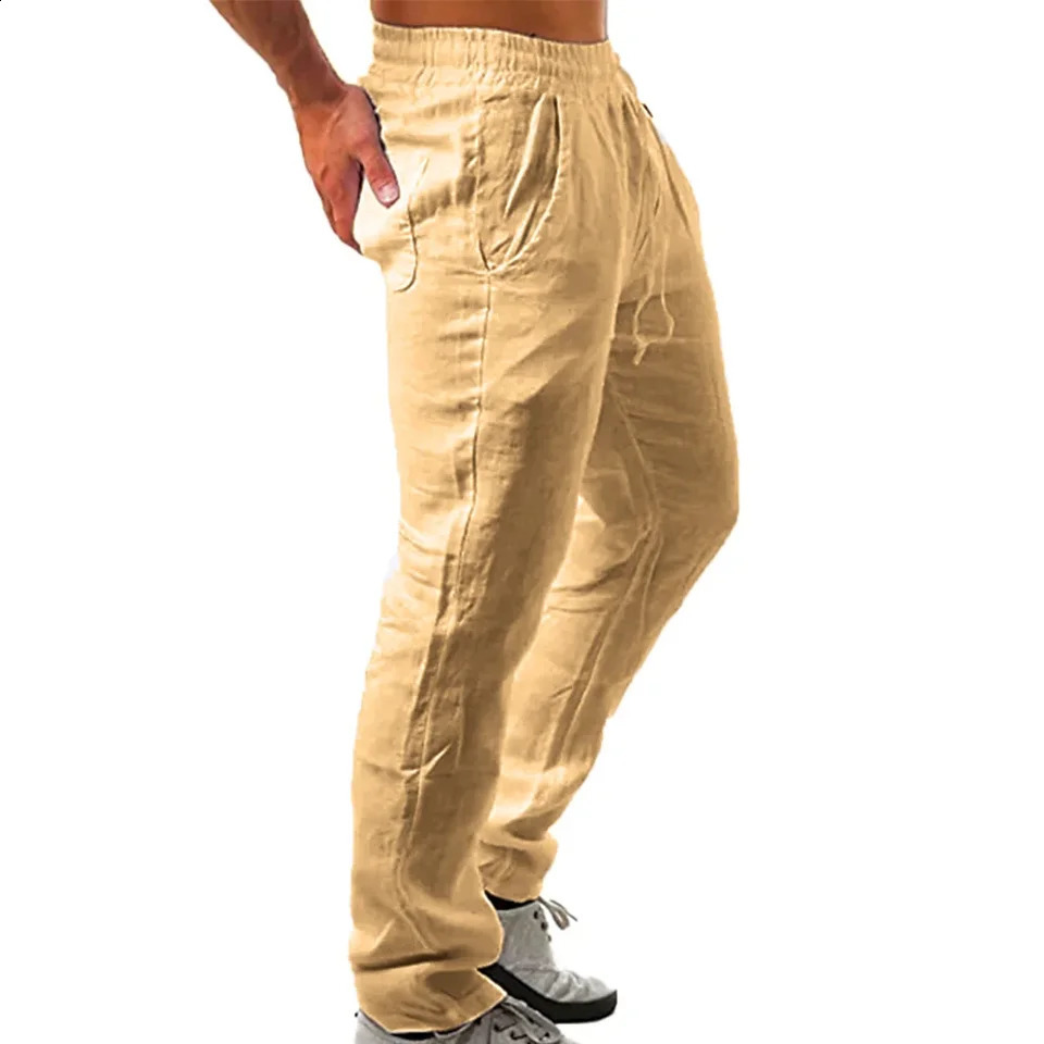 Mens Cotton Linen Long Pants Summer Solid Color Breathable Linen Trousers Male Casual Elastic Waist Casual Pants Harajuku Trous 240814