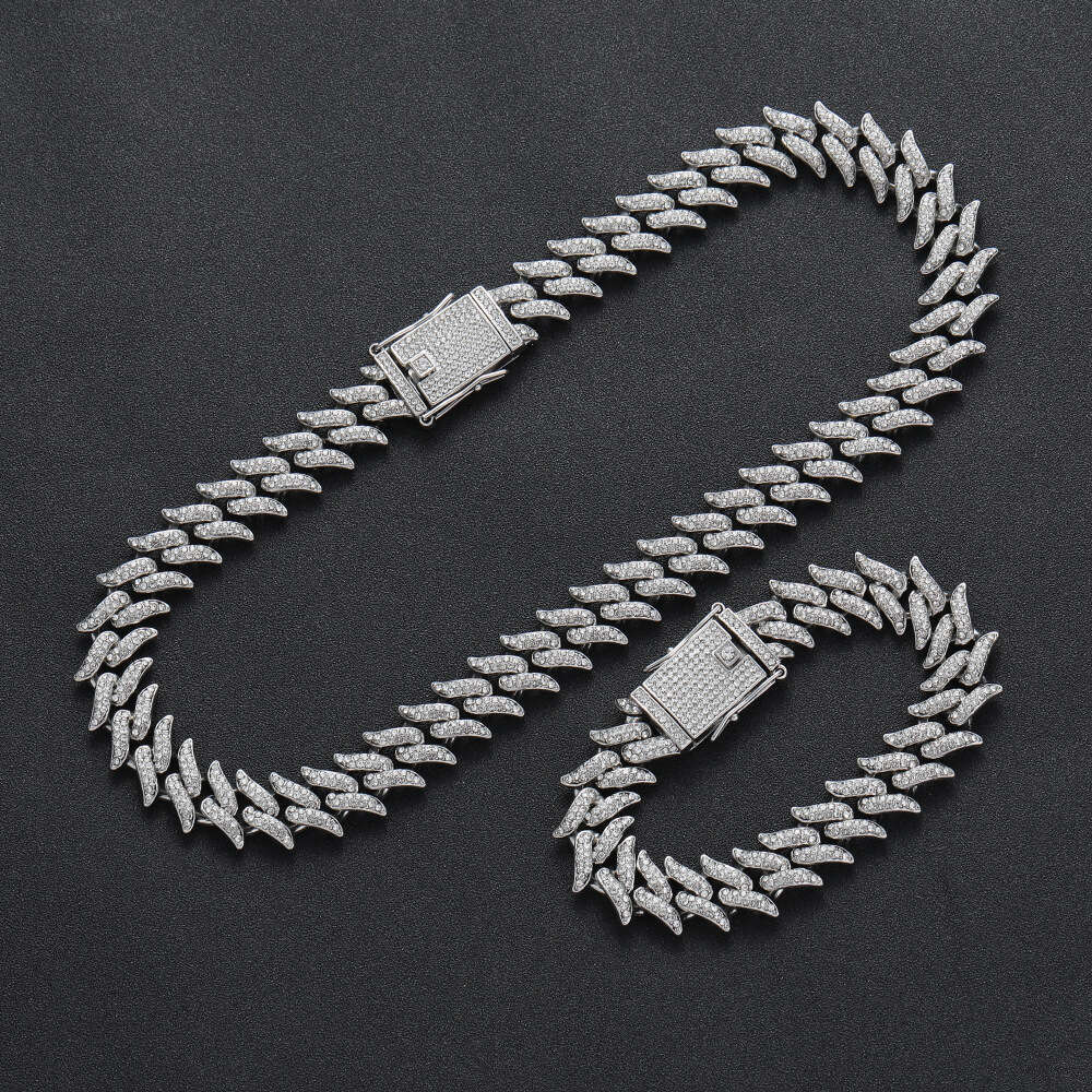 new 16mm necklace with small thorns cuban chain two rows of dia spikes hip-hop men's Bg bracelet