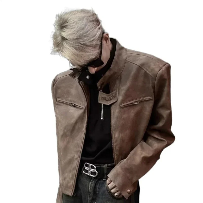 Vintage American Style Motorcycle Jacket Zip-up For Men Women Cropped Trendy Brown Distressed Autumn Winter Feeling Leather 240814