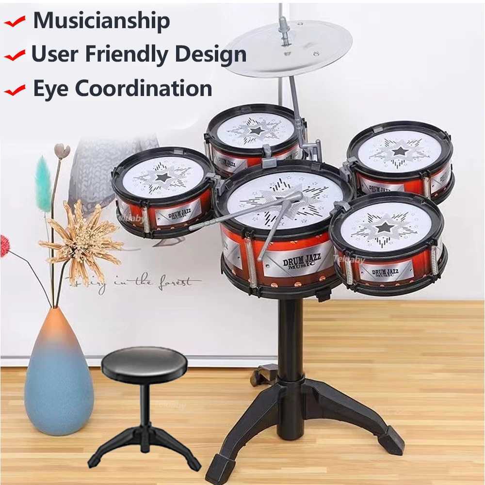 Jazz Drum Set for Kid 5 Drums / 3 Drums with Small Stool Drum Stick Set Music Instrument Educational Toys for 3-5 Years Gifts Y240813