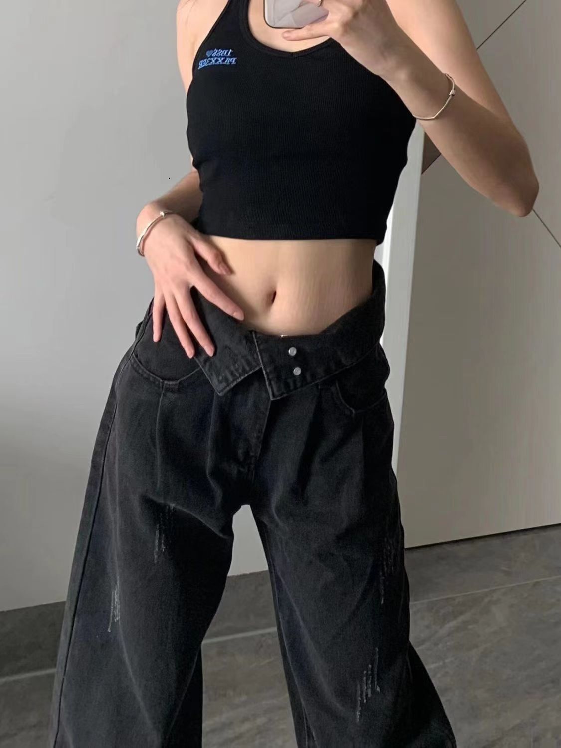 American ins washed black jeans for women in early spring with a spicy design, loose and slimming straight wide leg pants