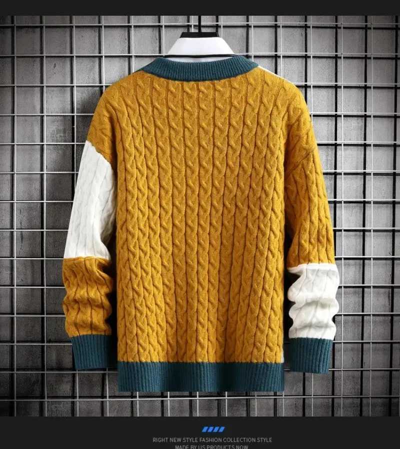 Harajuku mens fashionable knitted hip-hop streetwear color matching pull-out oversized casual O-neck mens retro sweaterW240729