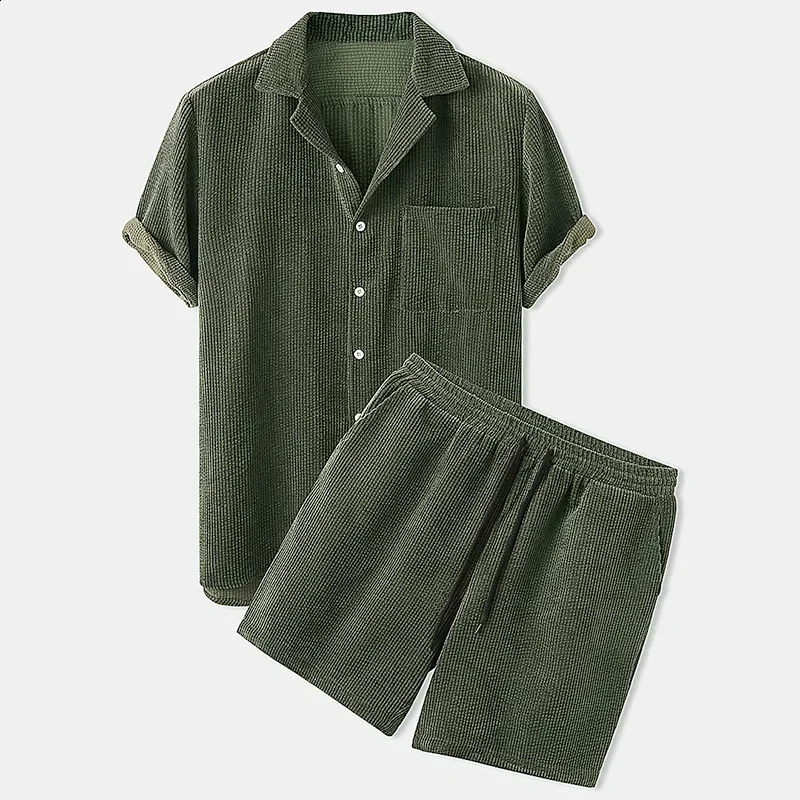 Men Outfit Set Mens Casual Loose Multi-color Beach Wear Corduroy Short Sleeve Suit Shirt Shorts Two-piece Set 240813