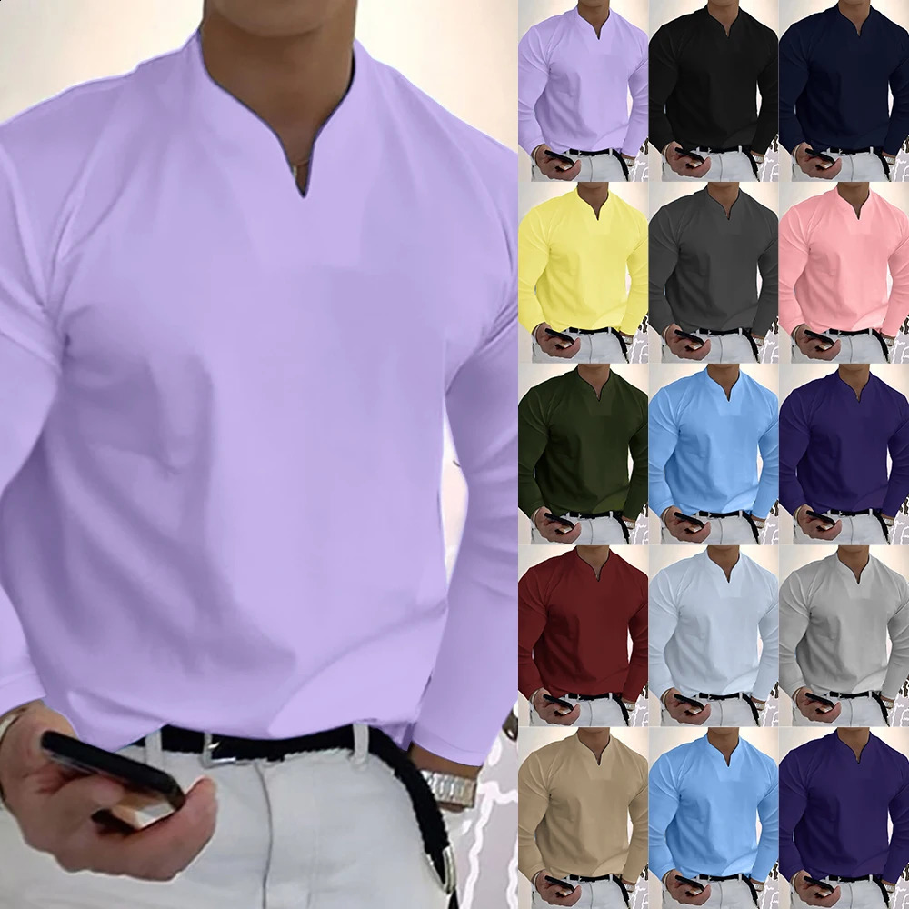 Mens Plus Size Solid V Neck Sweatshirt 12 Colors Spring Loose Athletic Elastic Comfortable Long Sleeve T-Shirt Casual Top 240814