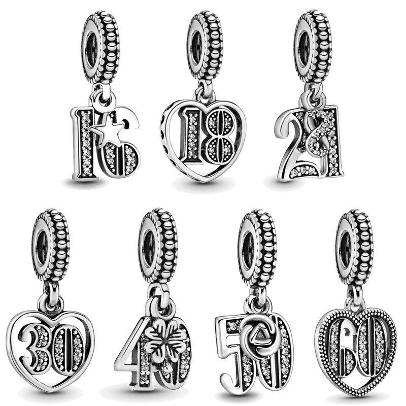 925 Sterling Silver Cubic Zirconia 16th 18th 21st 30th 40th 50th 60th Birthday Celebration Dangle Charms DIY Jewelry Making Gift