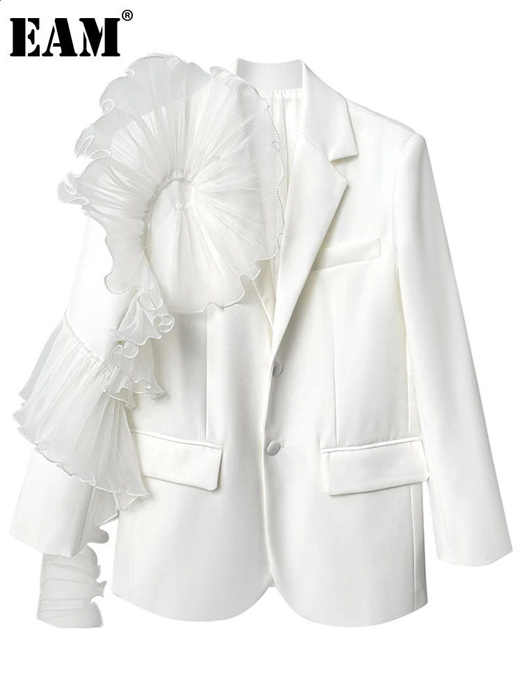 EAM Women White Ruffles Big Size Blazer Lapel Long Sleeve Loose Fit Jacket Fashion Spring Autumn 2024 1DE3921 240813