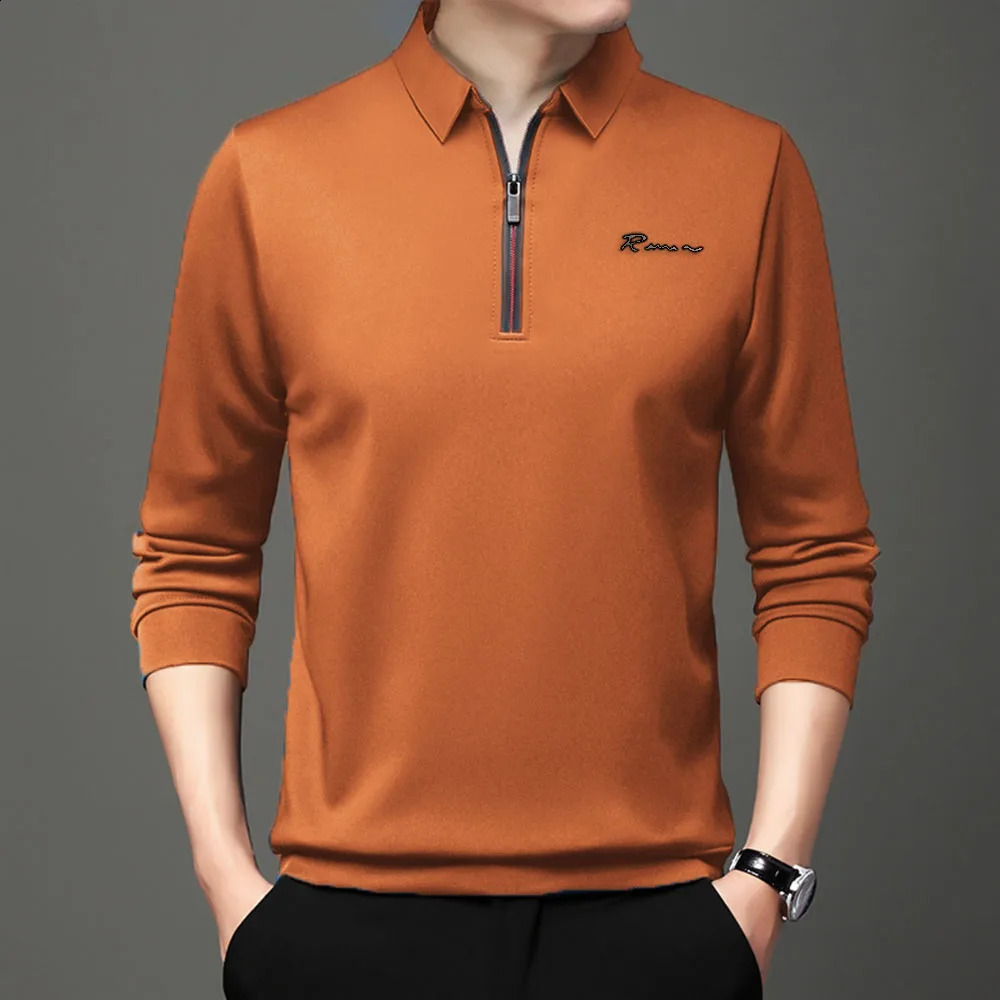 Letter Print Solid Polo Shirt Lapel Long-sleeve Zipper Collar Fashion Autumn Thin Shirts Casual Loose Tops Men Clothing 240820