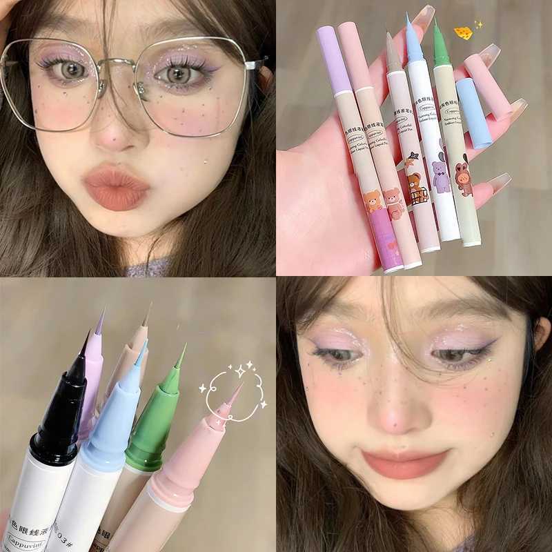 Cute Bear Liquid Eyeliner Lying Silkworm Eyelash Pen Matte White Pink Ultra-fine Color Eye Liner Pen Waterproof Eyes Makeup Pen Y240813
