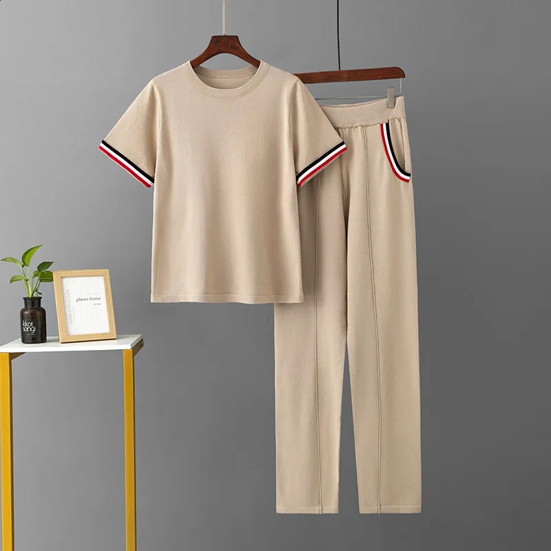 HLBCBG Spring Summer Orange Casual Knitted Two Piece Set Short Sleeve Women T Shirt Tracksuits Pants Suits Knitwear 2 Piece Sets 240813