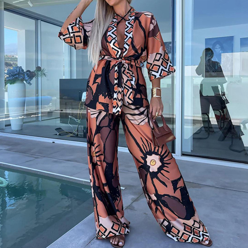 Casual Loose Holiday Two Piece Sets Womens V-neck Cardigan Tops with Long Pants Suits 2024 Spring Vintage Printed Beach Outfits 240813