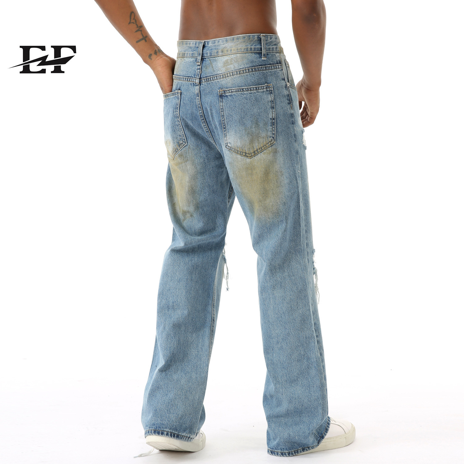 24ss Four Seasons New Product Street Trendy Waste Soil Style Doing Old Broken Hole Jeans Casual