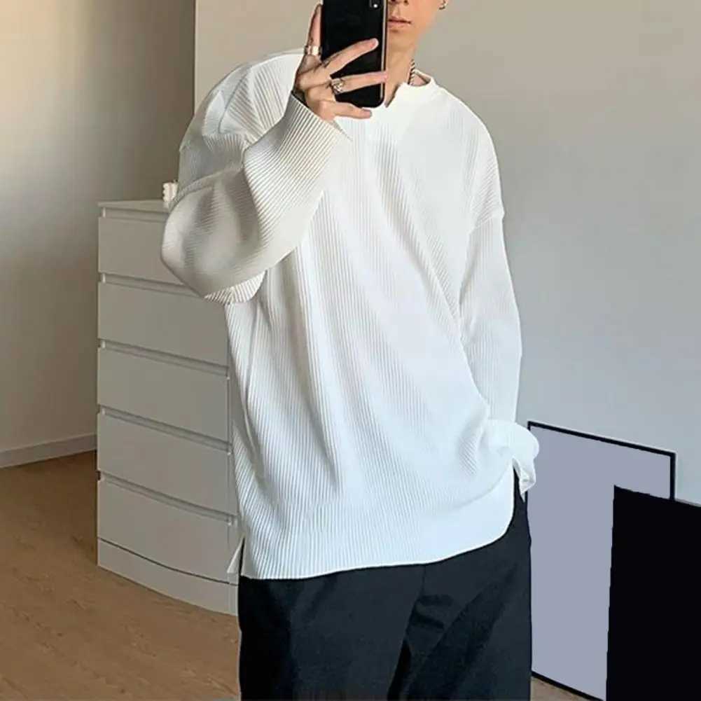 Men Long Sleeve Tops Versatile Mens Streetwear Ribbed Stripes V-neck T-shirt Loose Fit Long Sleeve Pullover Tops for SpringM240814