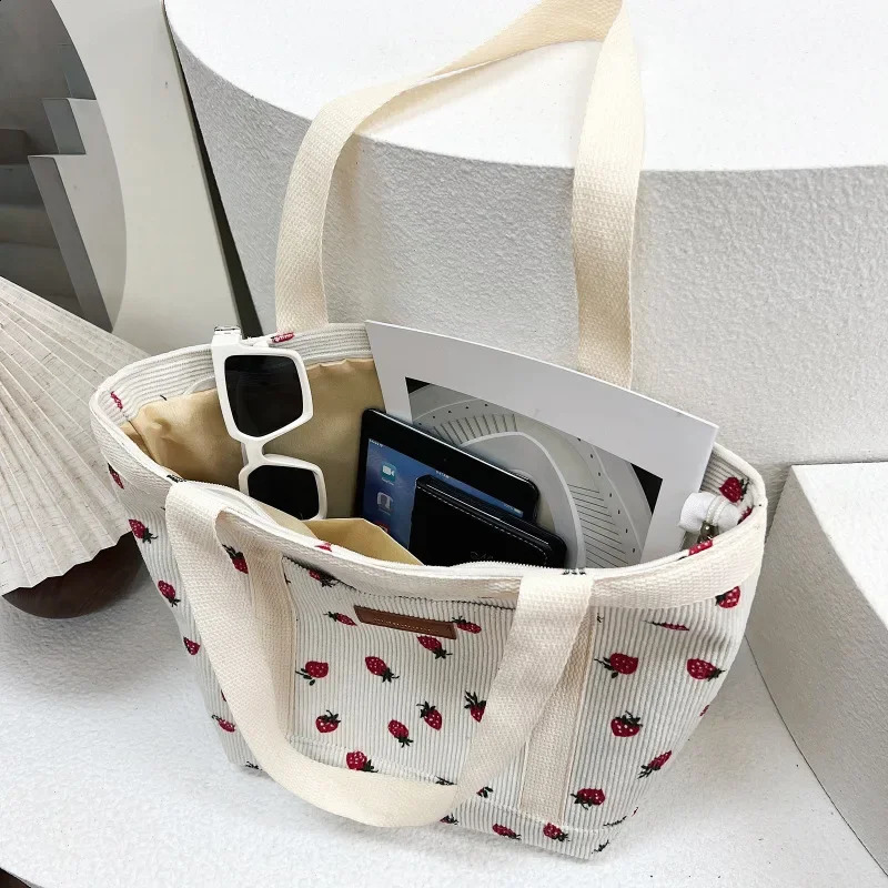 Classic Fresh Corduroy Shoulder Bag Cute Strawberry Printing Student Handbag Literature Large Exquisite 240813