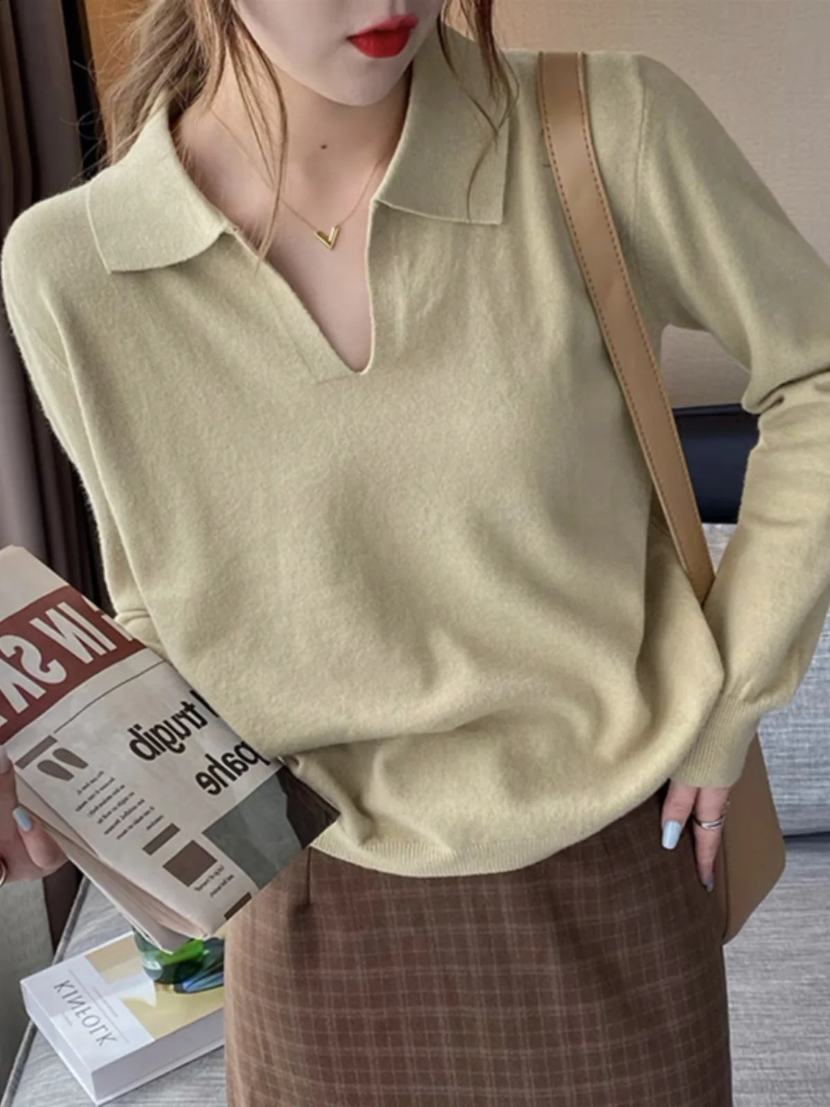 Polo neck sweater with floral long sleeved top for womens autumn and winter clothing ultra-thin knitted soft jumping street clothing simple sweater 24