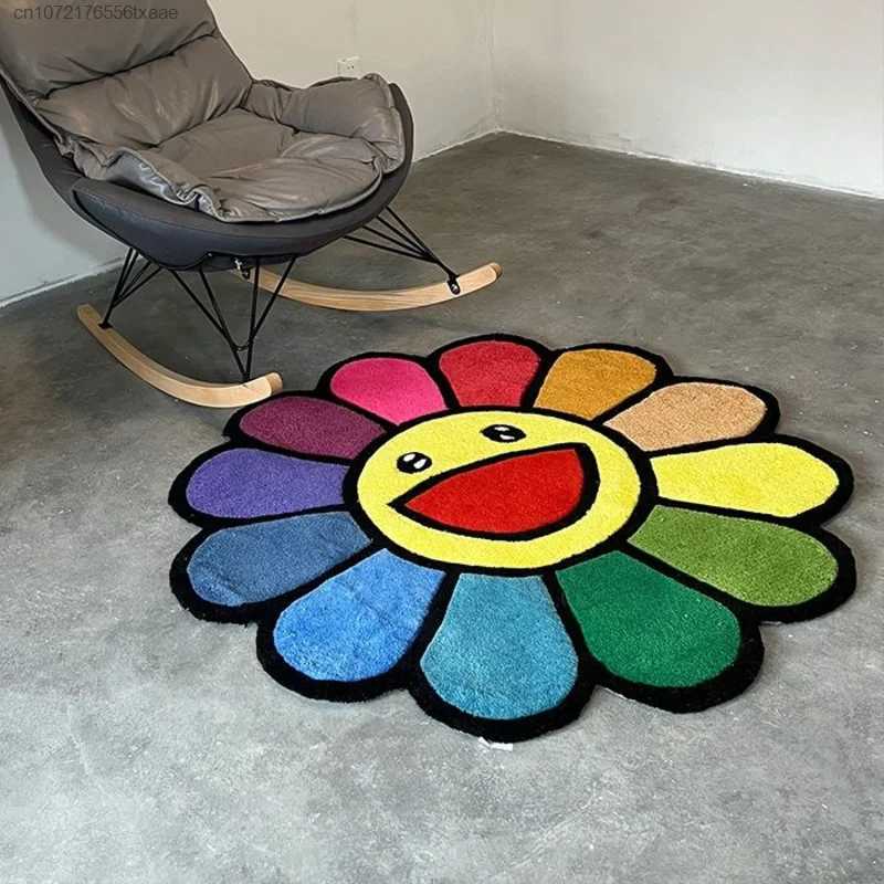 Carpets Cute Sunflower Carpet Learning Round Bedroom Living Room Family Cartoon Mat Y2K Womens Balcony Colorful Smiling Face Carpet Decoration T241125