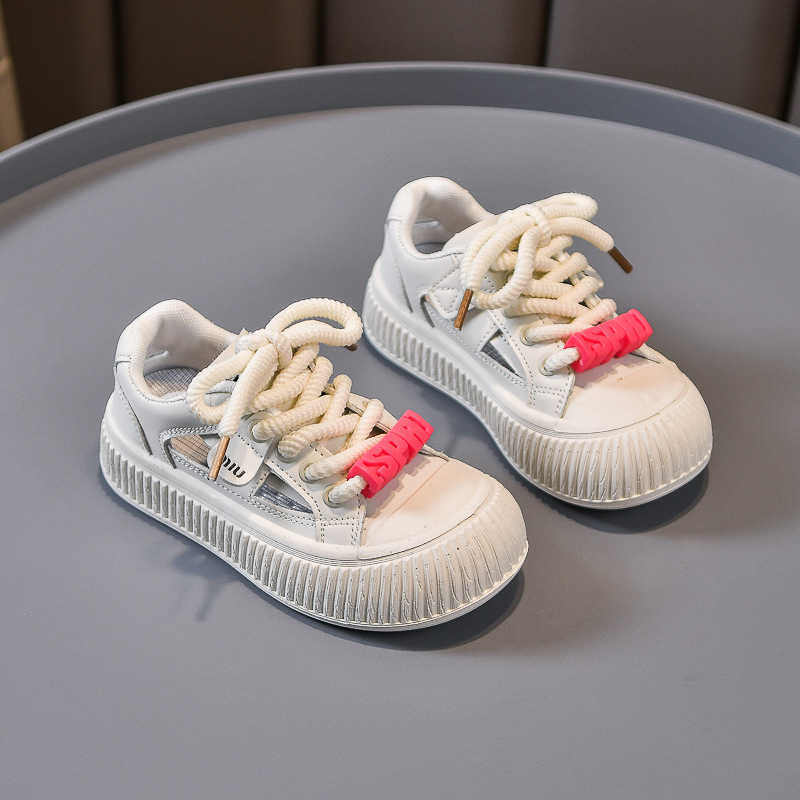 Sneakers Girls Little White Shoes Childrens Board Shoes Frame Sandals 2024 New Anti Kick Soft Bottom Velcro Middle and High School Students Shoes H240