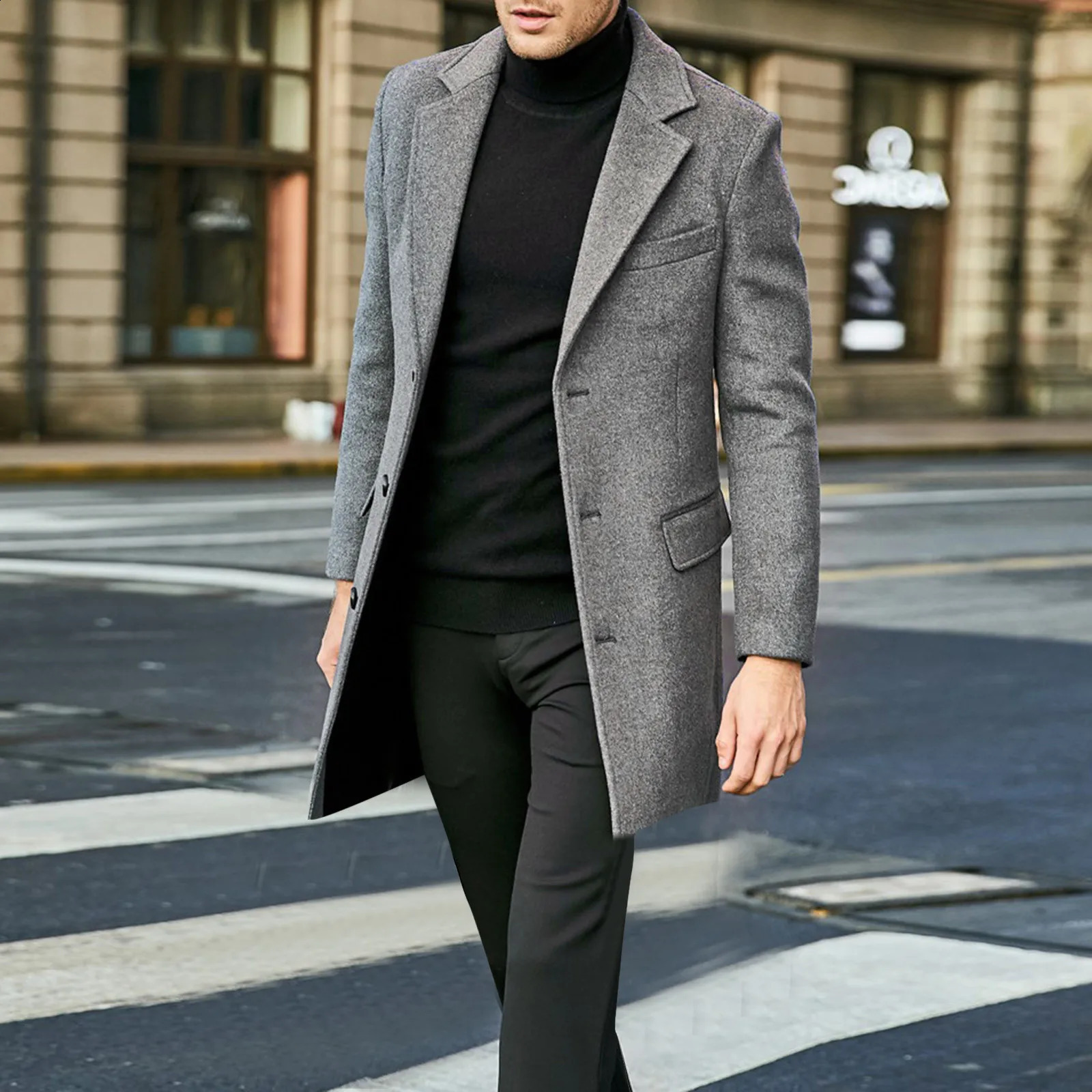 High quality mens mid length wool coat autumn and winter fashion jacket windproof clothing 240819