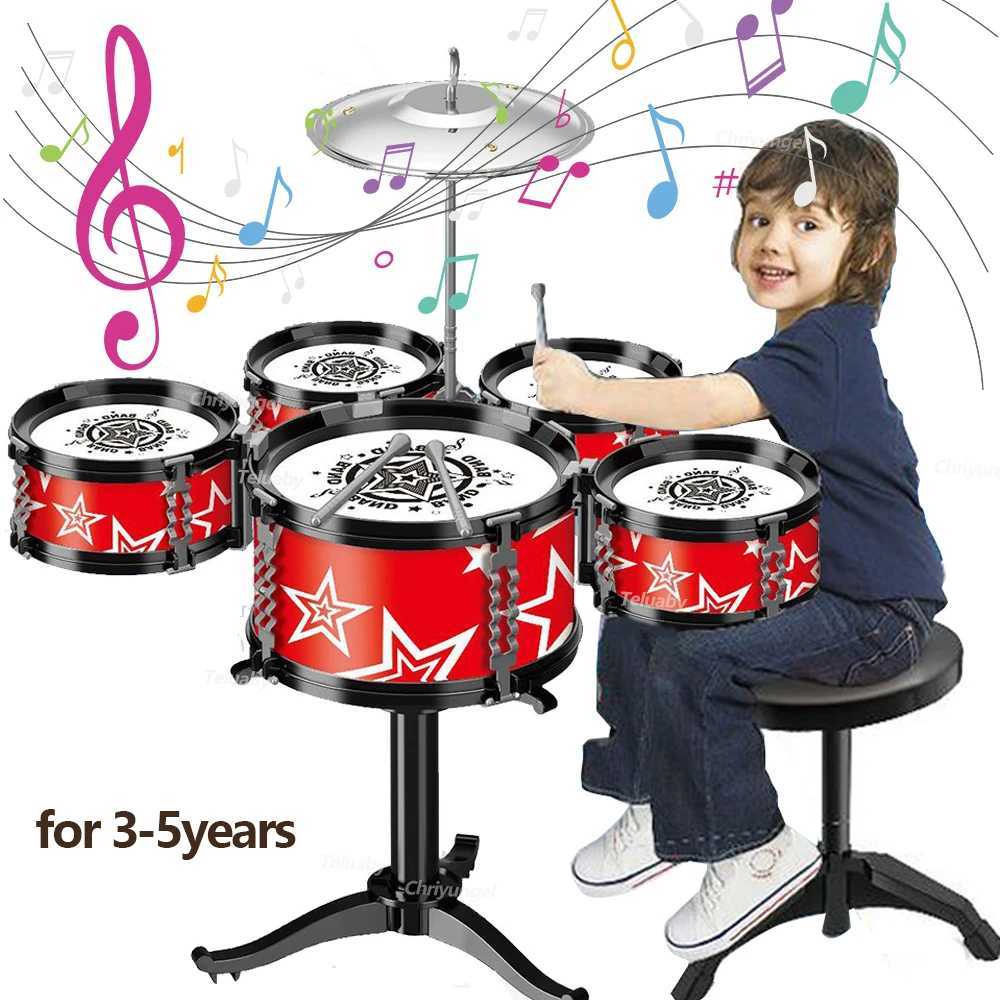 Jazz Drum Set for Kid 5 Drums / 3 Drums with Small Stool Drum Stick Set Music Instrument Educational Toys for 3-5 Years Gifts Y240813