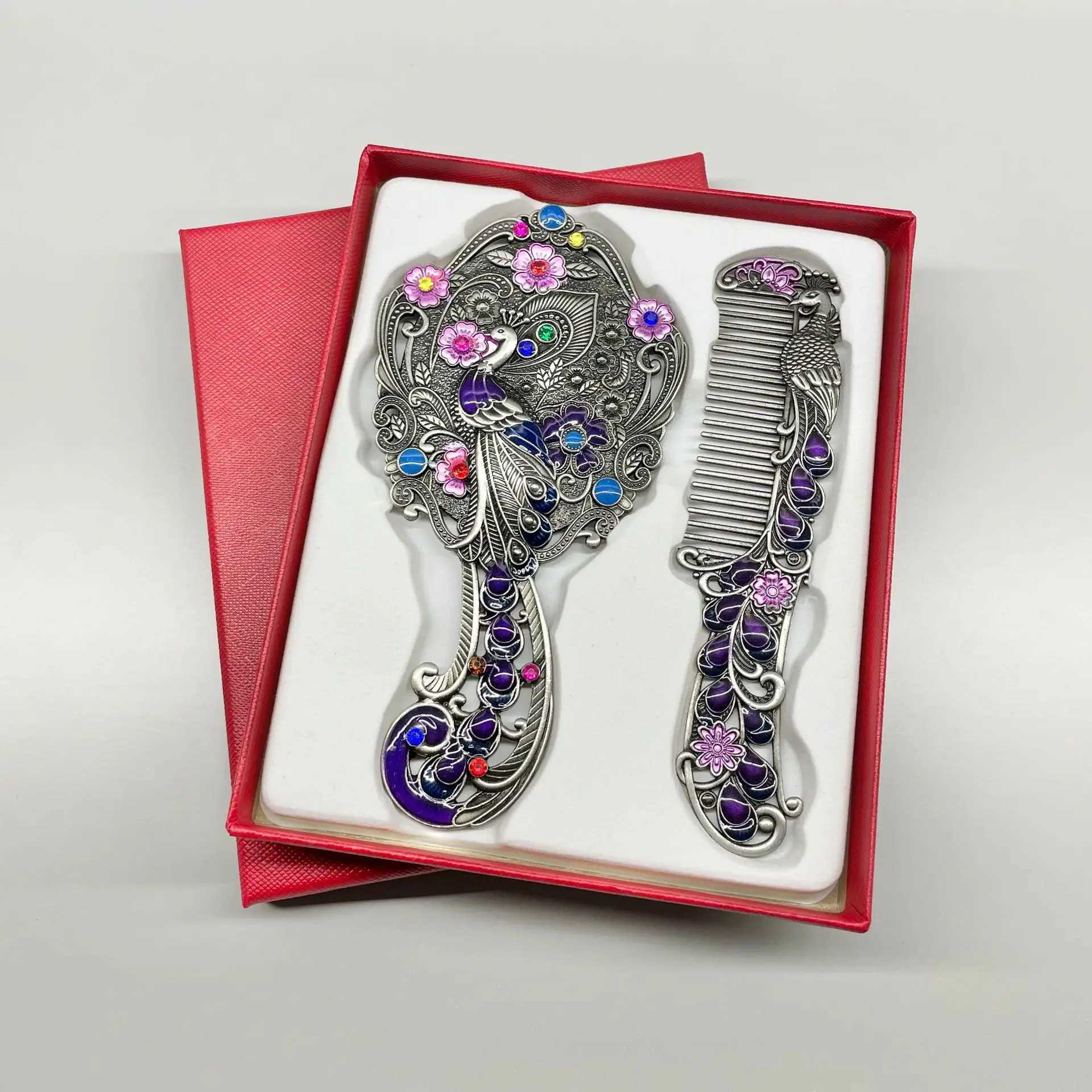 Antique bronze embossed oval peacock makeup mirror handheld comb set Russian style portable brightly colored durable W240813
