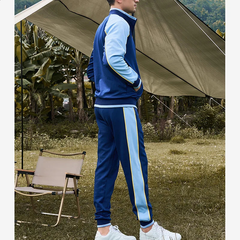 Spring Autumn Male Loose Casual Spliced Zipper Sweatshirt Elastic Waist Sweatpants Two Pieces Set Men Cardigan Top Fashion Pants 240813