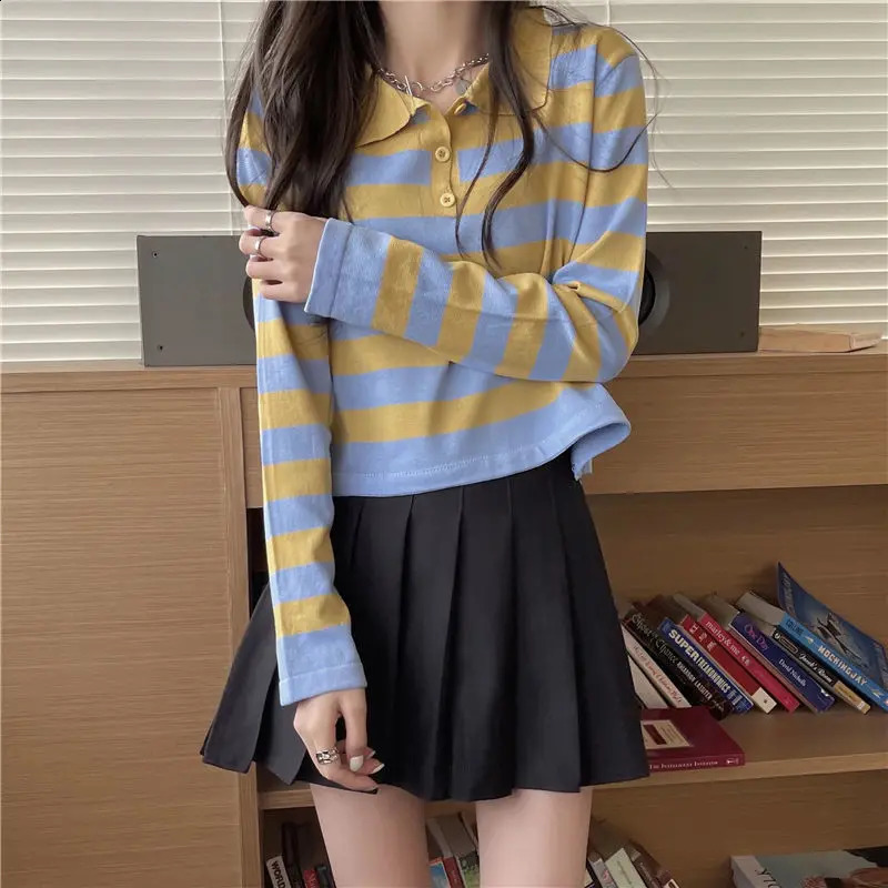 Striped Womens Knitted Polo T-shirt Long Sleeve Young Elegant Style High Quality Fashion Knitted Top Classic Blue 240827