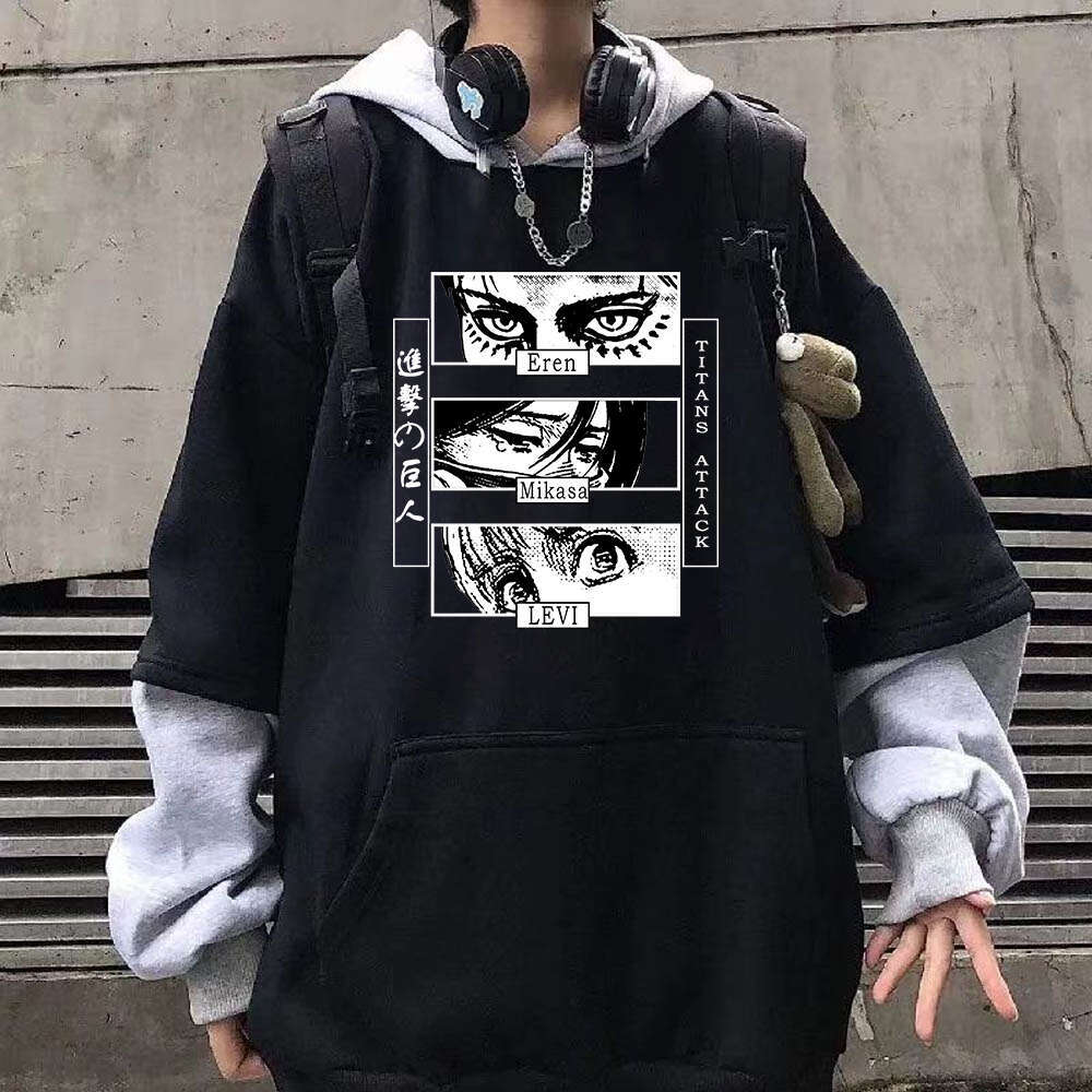 On Attack Titan Anime Patchwork Plus Size Hoodie Yeager Eren And Ackerman Mikasa Print Hooded Men Women Clothes Sweatshirt Tops