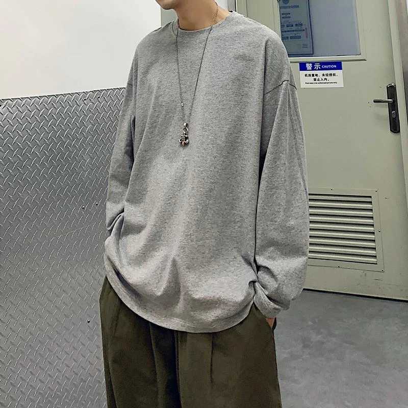 Fall Korean Solid Color O Neck Long Sleeve Men T Shirts Cotton Fashion Trend Casual Harajuku Oversized Couples Clothing Tops TeeM240814