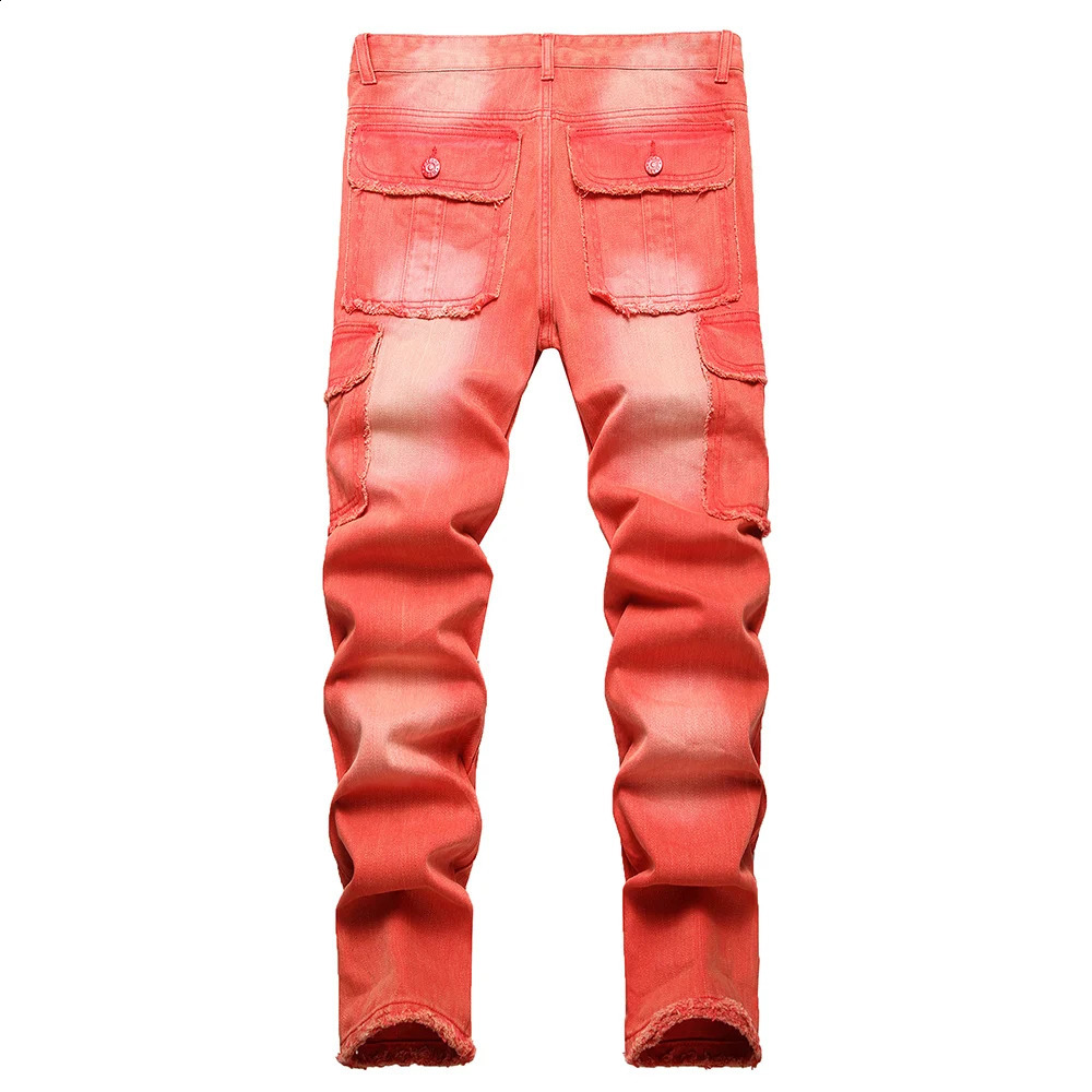 Men Multi Pockets Cargo Denim Jeans Red Fringe Non Stretch Cotton Pants Slim Straight Trousers 240814