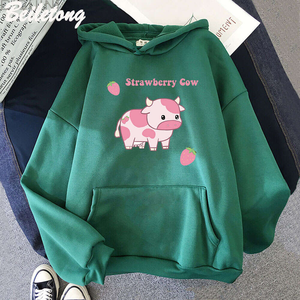 And Cow Strawberry Kawaii Women Hoodies Casual Pullover Plus Size Sweatshirt Autumn Winter Warm Girl Streetwear Clothes Tops