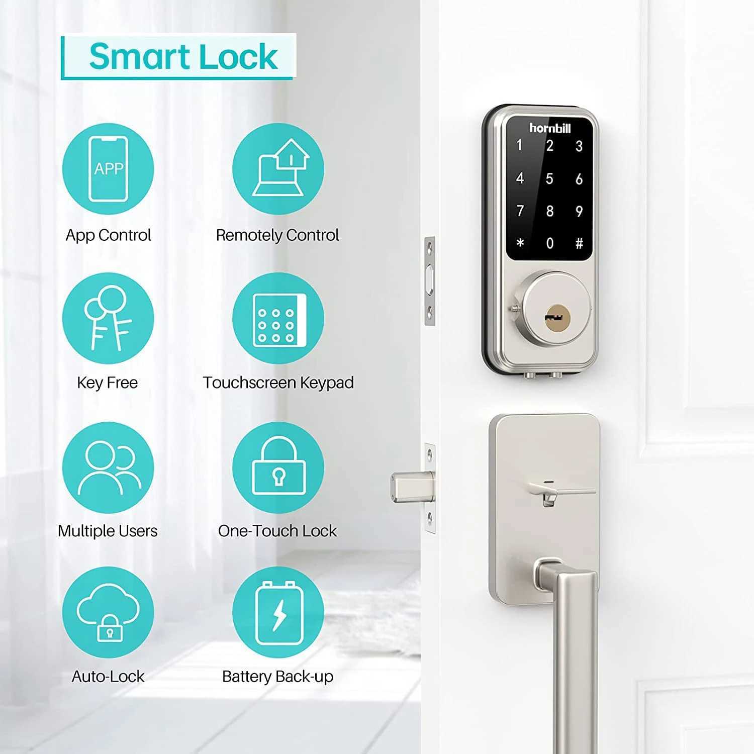 Smart Lock Hornbill Smart Front Door Lock Deadbolt Keyless Entry Locks Electronic Digital Keypad Bluetooth Security For Home Office AirbnbL247