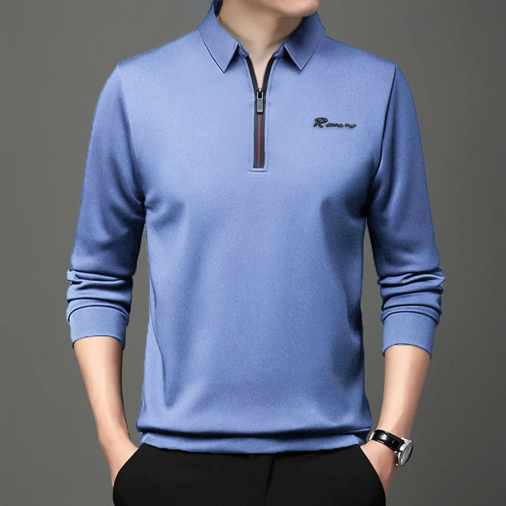 Letter Print Solid Polo Shirt Lapel Long-sleeve Zipper Collar Fashion Autumn Thin Shirts Casual Loose Tops Men Clothing 240820