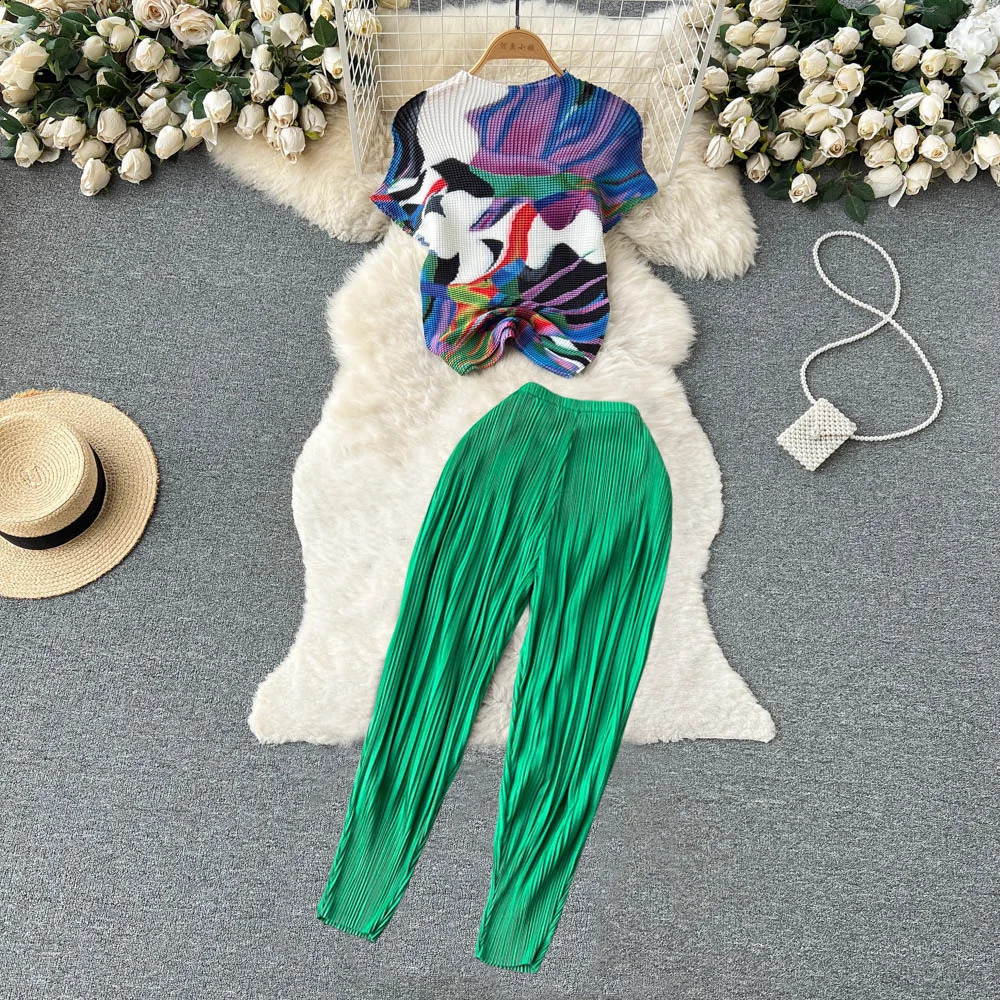 Runway Pleated Two Piece Set Summer Fashion Turtleneck Vintage Print Stretchy Casual Top and Pencil Pants Suit Women Clothes 240813