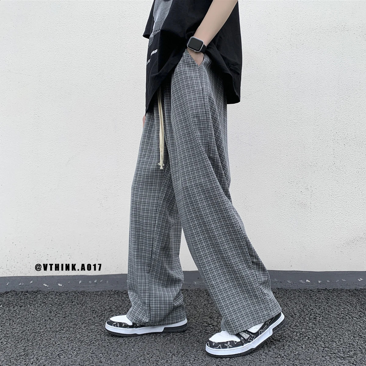 SummerAutumn Plaid Pants Men Loose Casual Straight Trousers for MaleFemale Harajuku Hip-hop Streetwear Wide-leg Mopping Pants 240814