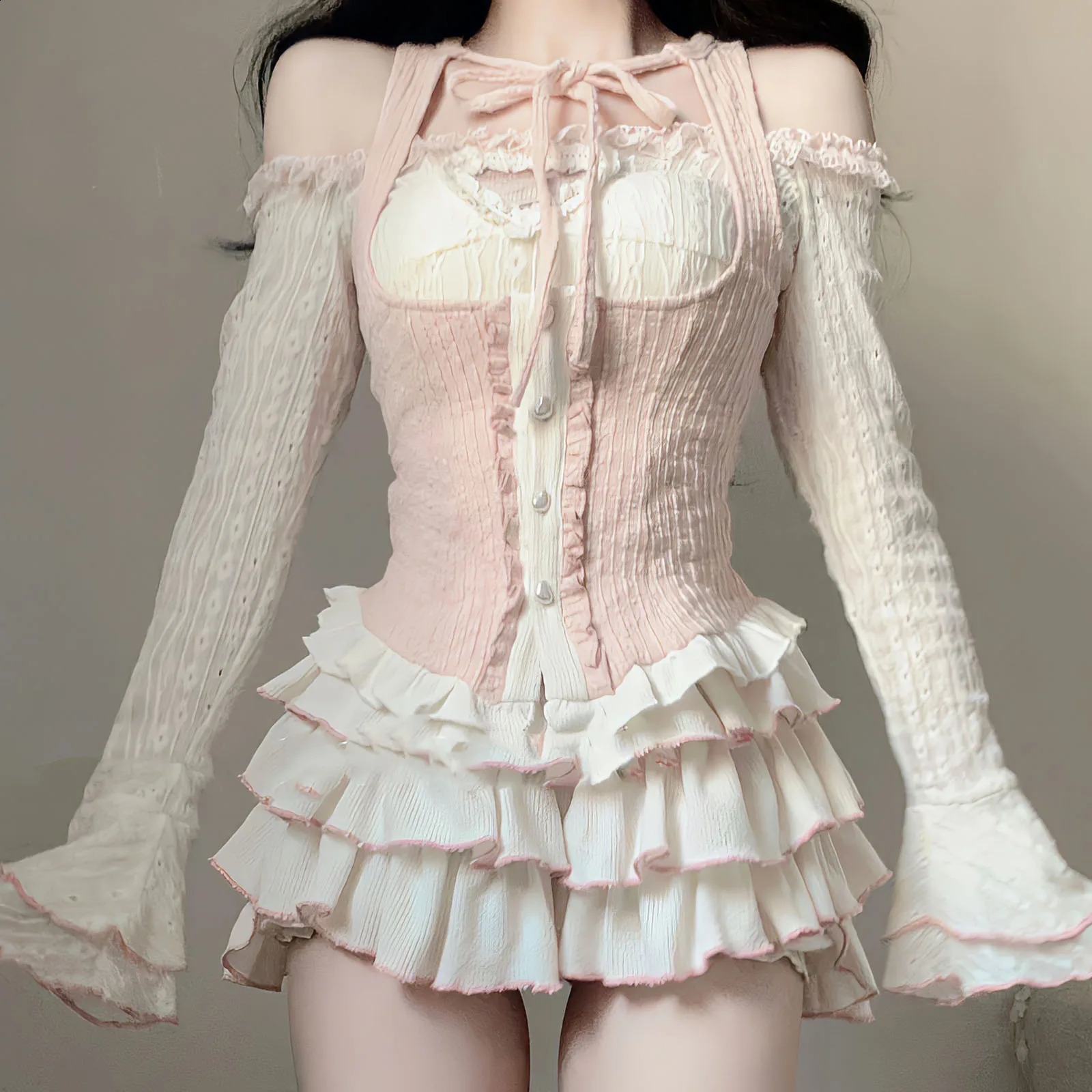 Kawaii Clothing Knitted 3Piece Set Tutu Skirts Sets Y2k Crop Tops BlouseMini Lolita Suit Japanese Korean Fashion Outfits 240809