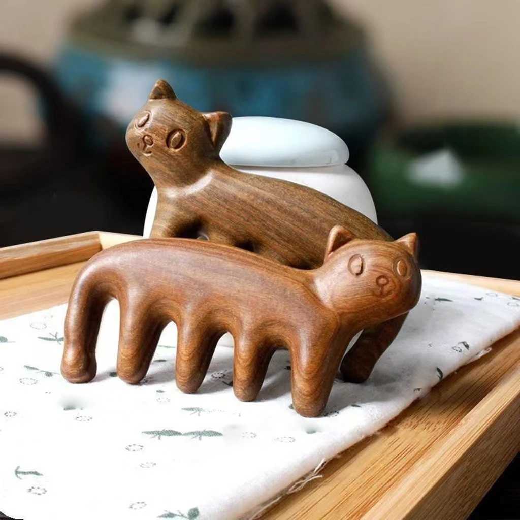Wooden massager comb Cute cat hair massager Scalp massager Facial massager Creative comb Guasha massage tool Wide tooth comb W240813