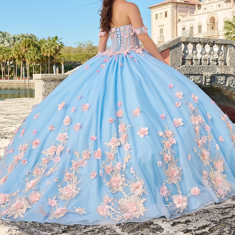 Mexican Sky Blue Quinceanera Dresses Ball Gown Beaded Lace Appliques Flower Tull Sweet 16 Dress Princess Lace Up Vestido De 15 Anos