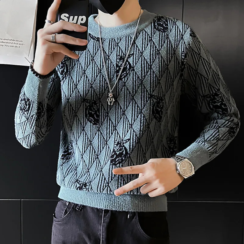 Autumn Sweater For Men Knitted Round Neck Sweater Korean Style Fashion Letter Stitching Sweater Mens Pullover Sweater Pull Homme 240821