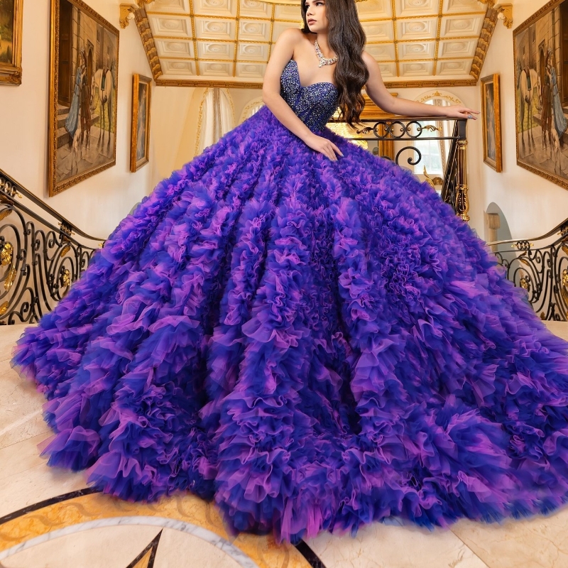 Purple Princess Quinceanera Dresses Ball Gown Beads Crystals Tull Tiered Ruffles Birthday Party Sweet 16 Dress Vestidos De 15 Anos