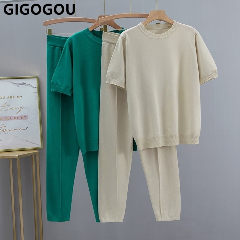 GIGOGOU Spring Summer Women pant Tracksuits Fashion Knitted OverSized T shirt Set Ladies Casual Two piece T-shirt Pant Suits 240813