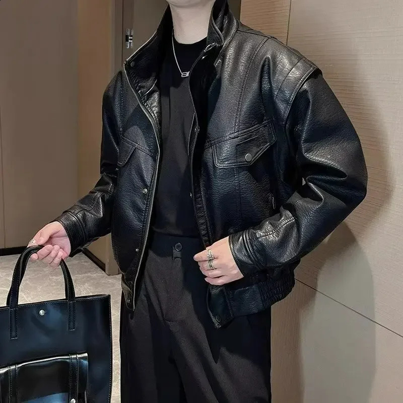 Trendy Black Motorcycle Jacket For Men Casual Stand Collar Leather Biker Riding Gear Lightweight Loose Fit Cropped Jacket o240814